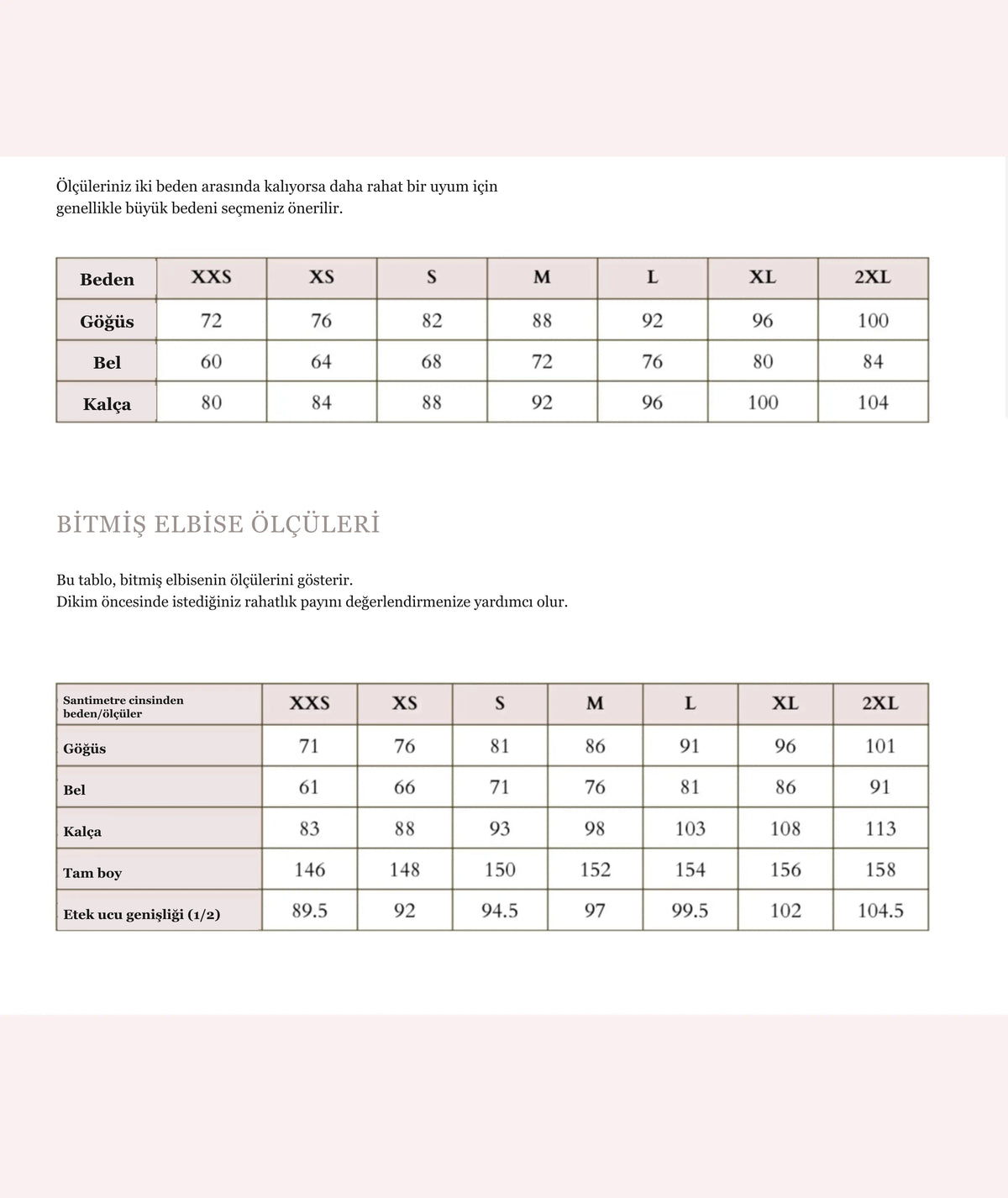 Aria elbise kalıbı beden ve bitmiş elbise ölçüleri tablosu