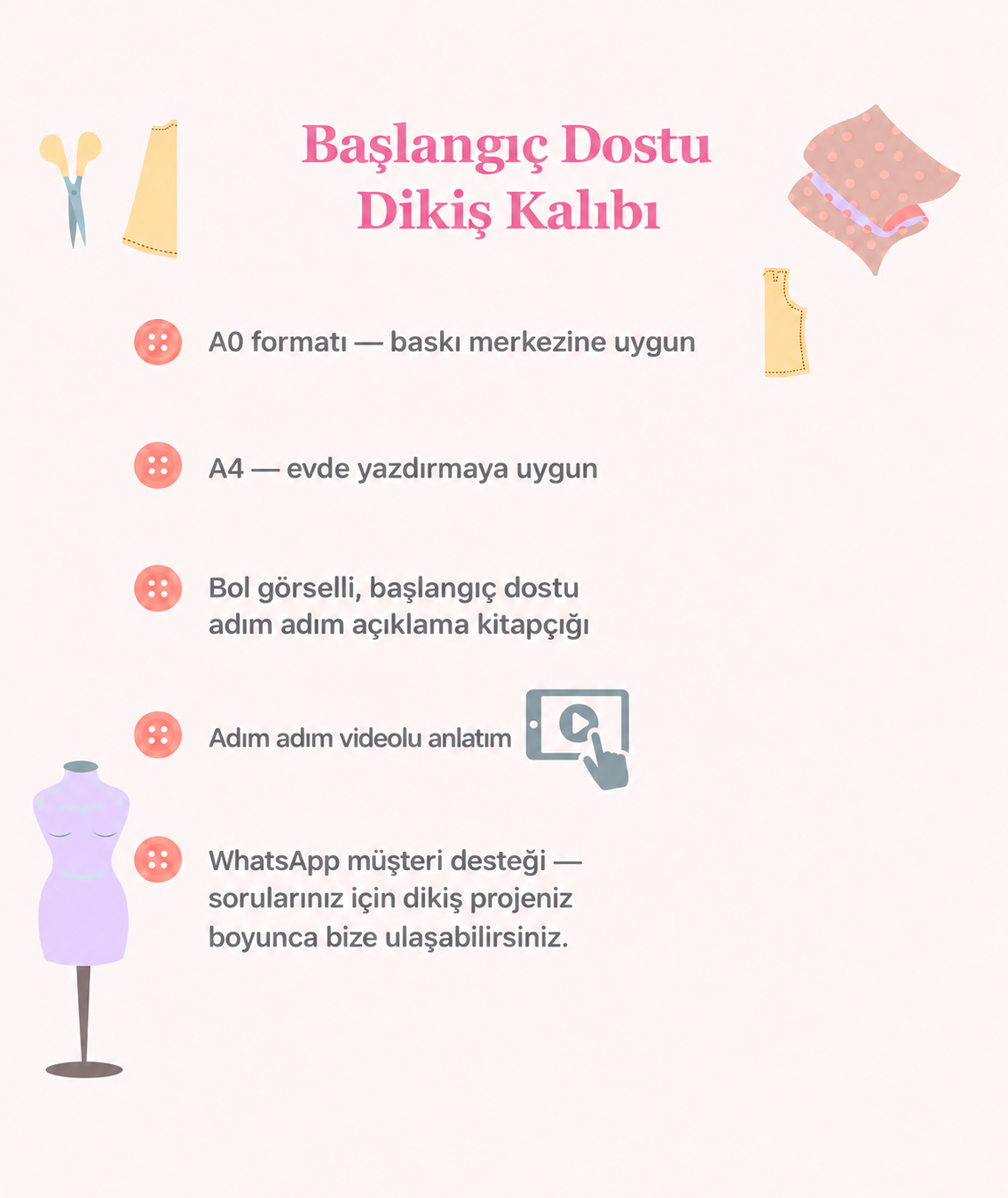Aria başlangıç dostu dikiş kalıbının A0, A4, adım adım videolu anlatım ve destek özellikleri