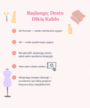 Aria başlangıç dostu dikiş kalıbının A0, A4, adım adım videolu anlatım ve destek özellikleri