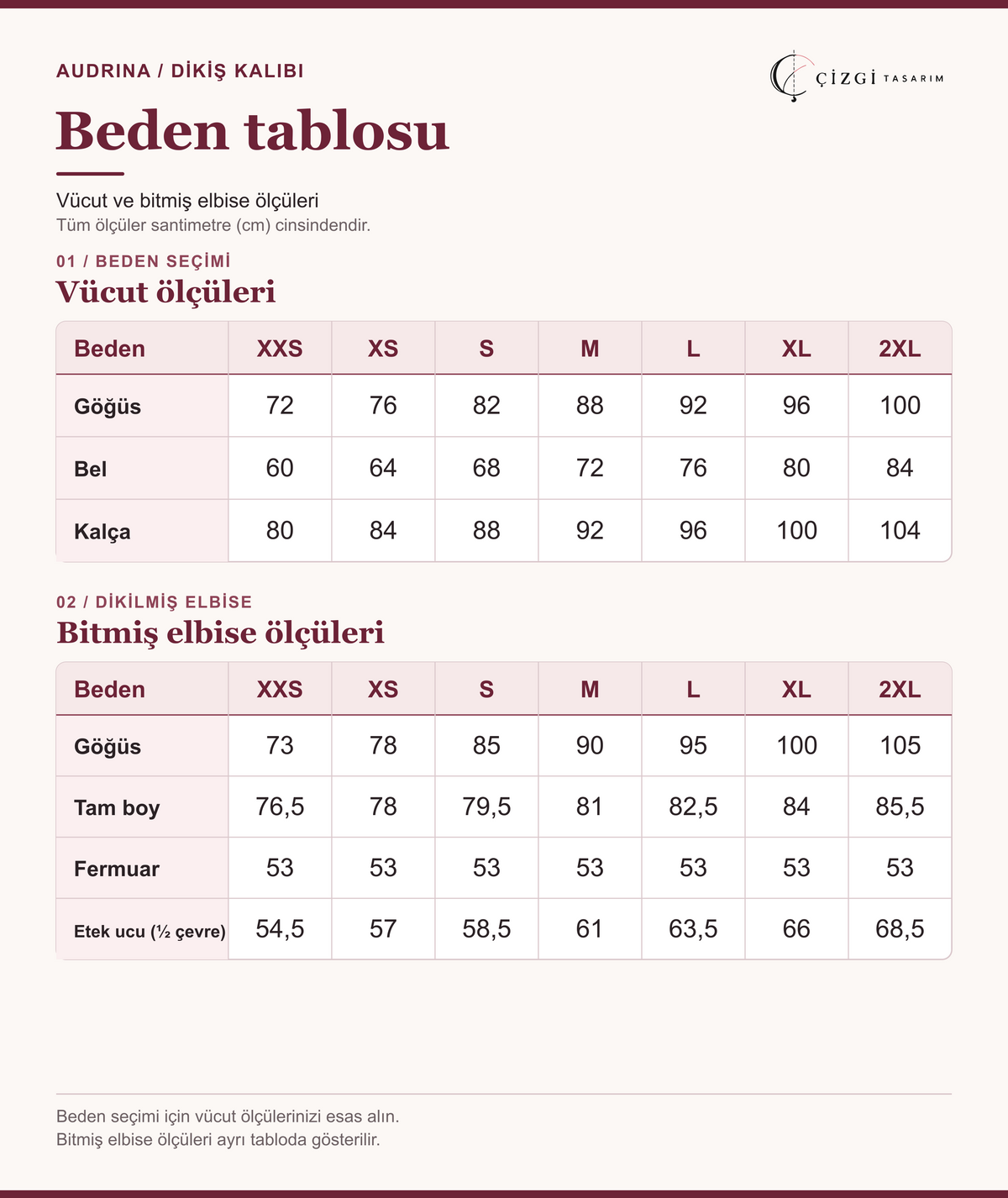 Audrina kalıbı için Türkçe beden tablosu