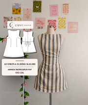 Audrina elbise kalıbının manken ve teknik çizim görseli