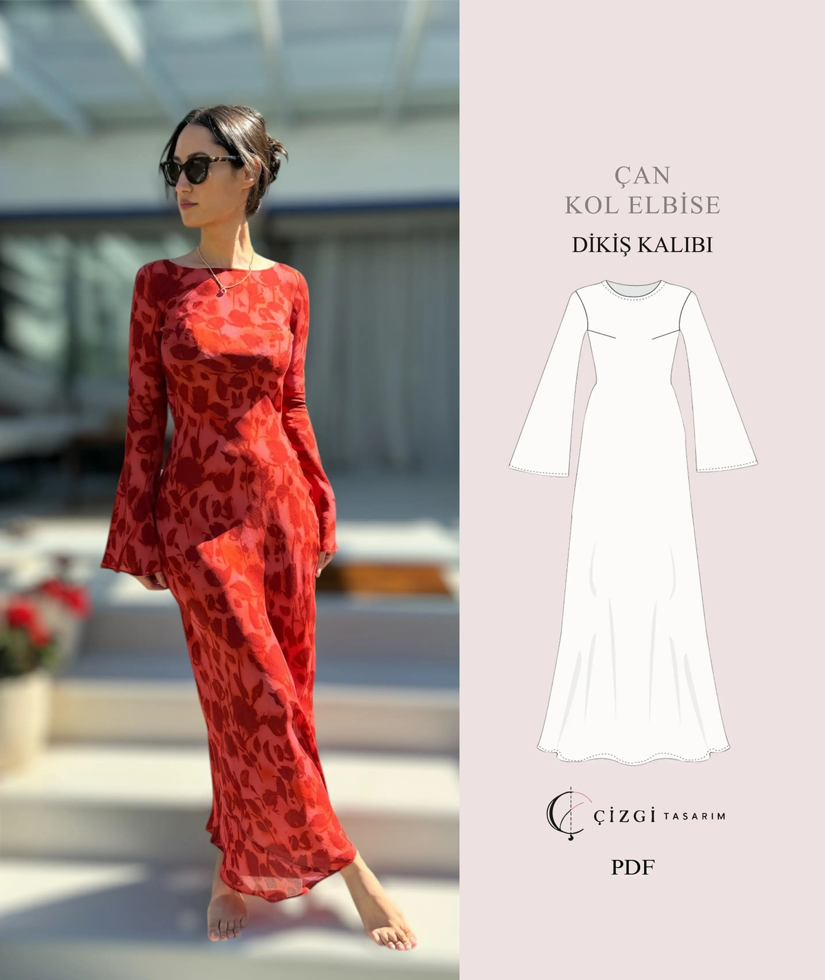 Çizgi Tasarım dikiş kalıbı kapağı — Çan Kollu Uzun ve Mini Elbise Kalıbı